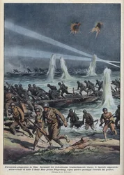 Druga wojna chińsko-japońska (1937-1945): „Armia japońska przekracza rzekę Huto w pobliżu Pingshang pod chińskimi bombardowaniami”. Ilustracja Achille Beltrame z „La domenica del corriere” z 17.10.1937.