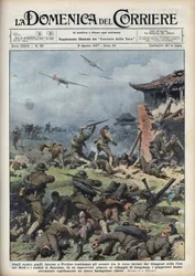 Druga wojna chińsko-japońska (1937-1945): starcia między japońską i chińską bronią pod Pekinem, Japończycy szybko eksterminują cały chiński batalion. Ilustracja Achille Beltrame z „La domenica del corriere” z 8.08.1937 r.
