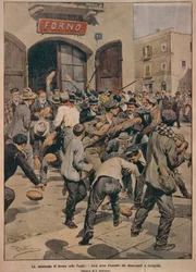 Poważne braki pracy w Apulii, Piekarniki szturmowane przez bezrobotnych Cerignoli, Achille Beltrame, ilustracja, Ilustrator Achille Beltrame (1871-1945), z La Domenica del Corriere, 20 grudnia 1908