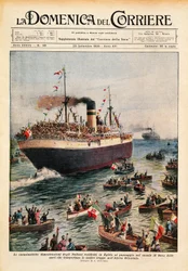 Statki przewożące wojska włoskie do Afryki Wschodniej przekraczające Kanał Sueski, ilustracja z La Domenica del Corriere, 20 października