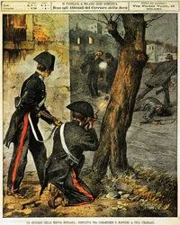 Sycylijska impreza mafijna, Walka między karabinierami a gangsterami mafijnymi w Trapani, Achille Beltrame, ilustracja, Ilustrator Achille Beltrame (1871-1945), z La Domenica del Corriere, 31 grudnia 1899