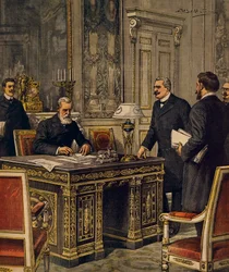 Podpisanie francusko-włoskiej konwencji arbitrażowej w Paryżu, Achille Beltrame, ilustracja, Illustrator Achille Beltrame (1871-1945), z La Domenica del Corriere