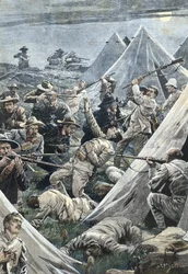 Afryka Południowa. Druga wojna burska. Atak na angielski obóz Tweefontein (1902). Ilustracja autorstwa Achille Beltrame. Rytownictwo.