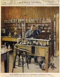 Amerykański wynalazca Thomas Ava Edison (1847-1931) w swoim nowym laboratorium w Lewellein Park, Ilustracja Achille Beltrame (1871-1945), La Domenica del Corriere