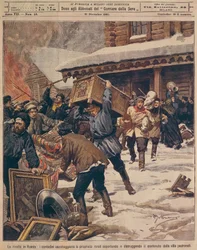 Rewolucja rosyjska: Chłopi plądrują posiadłości bogatych wiejskich bogatych, autor Achille Beltrame (1871-1945), z La Domenica del Corriere, grudzień 1905
