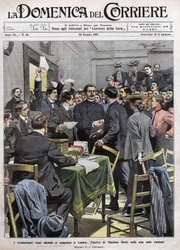 Przybycie Maksyma Gorkiego do sali konferencyjnej Kongresu w Londynie po rewolucji 1905 roku w Rosji. Okładka La Domenica del Corriere z 26.05.1907.