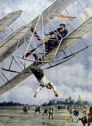 Dramaty w powietrzu: Orville Wright i amerykański porucznik Selfridge lecą swoim samolotem z wysokości trzydziestu metrów. Ilustracja autorstwa Beltrame. Domenica del Corriere. 1908.