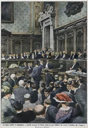 Wielki proces: wielki proces w Paryżu Madame Caillaux, która zamordowała dyrektora Le Figaro. „La Domenica del Corriere”, od 22 do 29 listopada 1914.