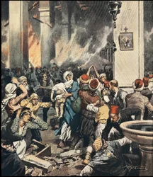 Masakry Ormian w Turcji w 1909 r. w Adanie, ilustracja Achillesa Beltrame (1871-1945) w „La Domenica del Corriere” z maja 1909 r.