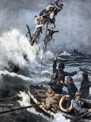 Ekipa ratunkowa bezpiecznie sprowadziła marynarzy z rozbitego parowca po 40 godzinach usadowionych na masztach tonącego statku. Ill. de Beltrame. Domenica del Corriere. 08/1909.