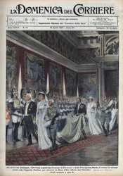 Para królewska, Wiktor Emanuel III (Victor-Emmanuel) (Vittorio Emanuele III) (1869-1947) i jego żona Helena Czarnogórska, za nimi książę Humbert II i Maria Józefa (Marie-José Belgijska, Maria José Sabaudzka), udają się do Kaplicy Paulińskiej