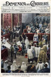 Ślub księżniczki Lidii z Arenbergu i księcia Pistoia: wspaniała ceremonia w katedrze w Turynie, w obecności władców i książąt rodu Sabaudzkiego oraz rodziny Arenbergów. Ill. de Baltrame. La Domenica del Corriere. 13/05/1928
