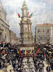 Tradycyjne sycylijskie święto: czołg prowadzony w procesji do Casteltermini (Girgenti). Ill. de Beltrame. La Domenica del Corriere. 1904.
