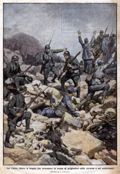 I wojna światowa: front włoski na płaskowyżu Carso (Trentino) i więźniowie w podziemiu. „Domenica del Corriere”. 07/1917 (litografia)