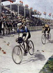 rowerzysta Peer Breton Zwycięzca Tour de France w 1908 roku. ilustracja Achille Beltrame.