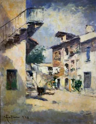 Wnętrze rustykalnego dziedzińca, autorstwa Achille Cattaneo (1872-1931). Włochy, XX wiek.