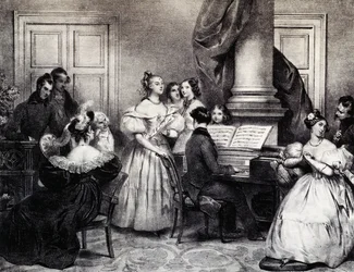 Koncert rodzinny z fortepianem, Achille Deveria (1800-1857), rycina, Francja