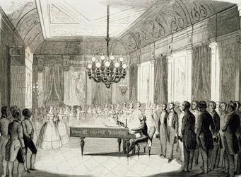 Wieczór muzyczny z fortepianem, Achille Deveria (1800-1857), rycina, Francja