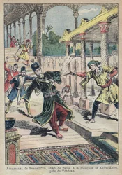 Zamach na Nasera ad-Dina (1831-1896), szacha Persji (Iranu), w 1896 roku (zwanego także Naseredin Shah, Naser al-Din Shah Qajar, Nassiruddin Shah) - Ilustracja Achille