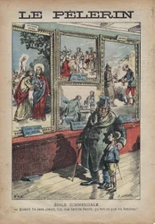 Rysunkowy antysemita napisany przez Achille Lemot dla „Le-Plerin” z września 1896 r. – Szkoła Handlowa: kiedy zostaniesz stypendystą, ty mój przy łóżku Jacobie, co rozdzielisz?