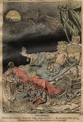 Karykatura o Królowej Wiktorii autorstwa Achille Lemot (1846-1909) - 1899 - Koszmar - więcej bitew, więcej krwi, więcej złota...
