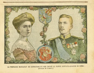 Ilustracja Achille Lemot (1846-1909) w Le Pelerin, 21.05.05 - Księżniczka Małgorzata z Connaught i jej narzeczony książę Gustave-Adolphe Szwecji - Monarchia, Medal, Suweren Zagraniczny, Szwecja - De Connaught Margaret (1882-1920) , Gustaw IV Adolf Szwed