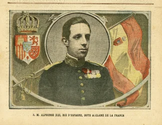 Ilustracja Achille Lemot (1846-1909) w Le Pelerin, 06.04.05 - Jego Wysokość Alfons XIII, Król Hiszpanii, Hote Aclame Francji - Hiszpania, Monarchia, Flagi, Władca Zagraniczny - Alfons XIII