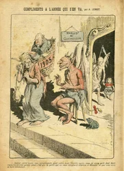 Ilustracja Achille Lemot (1846-1909) w Le Pelerin, 31.12.05 - Komplementy roku, który odchodzi - Religia Wiara, Katolicyzm - Combes Emile (1835-1921), Diabeł, Czas (alegoria)