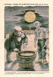 Poseł socjalistyczny obiecujący księżyc (emeryturę) biednemu proletariuszowi (cieśla), w Le Pelerin, katolicki tygodnik nr 1391 z 30 sierpnia 1903 r. A. Lemot (rysunek)