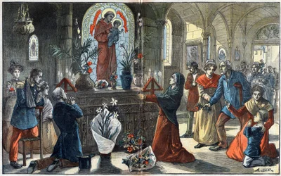 Nabożeństwo do św. Antoniego z Padwy (San Antonio di Padova) jednoczy przed jego ołtarzem wszystkie warstwy społeczne - ilustracja Achille Lemota w „Le-Pelerin” z 1896 r.