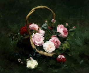 Róże w koszyku. Obraz autorstwa Achille Theodore Cesbron (1849-1913 Francja) Kolekcja prywatna
