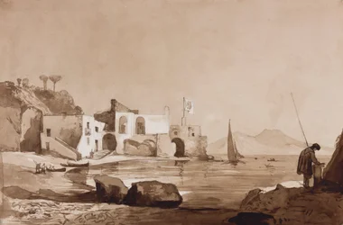 Port pod banderą Borbone z Wezuwiuszem na południu, z dodatkami ucznia Borbone (ołówek, sepia i gwasz na papierze)
