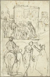 Josephus wird von Nicanor vor Kaiser Vespasianus geführt Josephus jest prowadzony przez Nicanora przed cesarzem Wespazjanem.