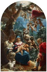 Włoski: sacra famiglia con san giovannino e un angelo Święta Rodzina z Dzieciątkiem Janem Chrzcicielem i aniołami