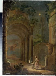"Krajobraz ruin przy świetle księżyca" Obraz Adama Elsheimera (1578-1610) Państwowy Skansen Pałac Gatchina, Sankt Petersburg, Rosja