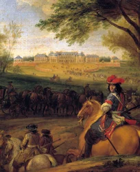 Przyjazd króla Ludwika XIV (1638-1715) poprzedzają ochroniarze w świetle starego zamku w Wersalu w 1669 r. Obraz Adama Franza Van der Meulena (1632-1690) Około 1669 r. nd. 0,56x0,56 m²