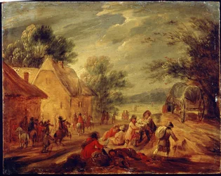 Jeźdźcy atakujący wioskę. Obraz Adama Fransa van der Meulena (1632-1690). Olej na drewnie. Sztuka flamandzka, styl barokowy. Muzeum Sztuk Pięknych im. Puszkina w Moskwie.
