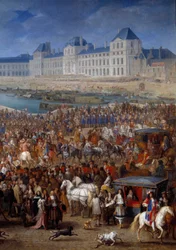Dziedziniec i dranie. Prawy szczegół przedstawiający Ludwika XIV (1638-1715) przekraczającego Pont Neuf w swoim powozie. Obraz Adama Francois Van Der Meulena (1632-1690)
