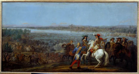 Wojna w Holandii: „”przeprawa Renu w dniu 12.06.1672”” Armie króla Ludwika XIV (1638-1715) i Ludwika II Burbon, księcia Conde (Bourbon-Conde) (Grand Conde) (1621- 1686) przekazać Ren do Tolhuis. Obraz Adama Fransa van der Meulena (1632-90) M