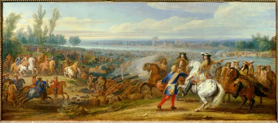 Wojna w Holandii: „”przeprawa Renu w dniu 12.06.1672”” Armie króla Ludwika XIV (1638-1715) i Ludwika II Burbon, księcia Conde (Bourbon-Conde) (Grand Conde) (1621- 1686) przekazać Ren do Tolhuis. Obraz Adama Fransa van der Meulena (1632-1690)