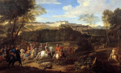 Król Ludwik XIV (1638-1715) i dwór polujący na widok zamku Meudon Malarstwo ze szkoły Adama Fransa Van der Meulena (1632-1690) XVII w. Ndz. 0,77x1,27