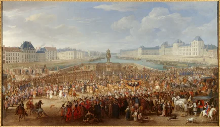 Król Ludwik XIV (1638-1715) przejeżdżający przez Pont Neuf w swoim powozie