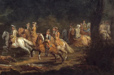 Król Ludwik XIV na polowaniu, detal. Obraz Adama François van der Meulena (1632-1690)