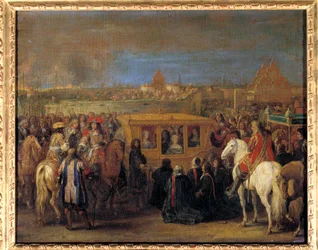 Uroczysty wjazd króla Ludwika XIV (1638-1715) i królowej Marii Teresy Austrii do Douai w dniu 23.08.1667 (królowa w swoim powozie otrzymuje hołd dinginów miasta jako suzeren) Obraz Adam Frans Van der Meulena (1632-1690). Około 1667