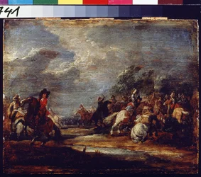 Bitwa. Bitwa. Obraz Adama Fransa van der Meulena (1632-1690), ok. 1660 r. Olej na drewnie. Sztuka flamandzka, styl barokowy. Muzeum Sztuk Pięknych im. Puszkina, Moskwa