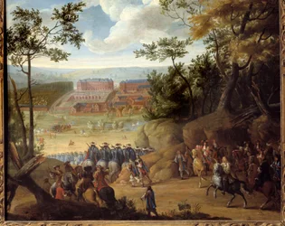 Widok Wersalu w 1664 roku z królem Francji Ludwikiem XIV (1638-1715) i kompanią muszkieterów