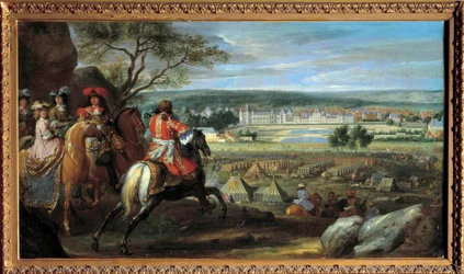 Widok zamku Fontainebleau z 1669 r. z Ludwikiem XIV (1638-1715) i Marią Teresą Austriaczką (1638-1683) Obraz Adama Fransa van der Meulena (1632-1690) 1669 nd. 0,53x0,95m.