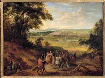 Widok na zamek wersalski z wyżyn Satory Ludwika XIV (1638-1715) wydającego rozkazy oficerowi łowów, widok na zamek wersalski na wyżynach Satory. Obraz Adama Fransa van der Meulena (1632-1690). 1664 S