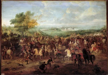 Spacer powozem króla Ludwika XIV (1638-1715), królowej Marii Teresy Austrii, Ludwika Delfina i Dauphine przed zamkiem Clagny w Wersalu Obraz Adama van der Meulena (1632-1690) Około 1680 r. nd. 1,4x1,9