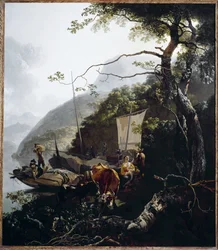 Żaglówka cumująca na plaży jeziora, ok. 1660 (olej na płótnie)